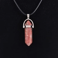Red quartz crystal hexagonal point pendant necklace with black cord and silver clasp - Sesame Red Stone