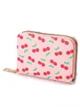 Pink synthetic leather slim card wallet featuring red cherry print and gold zipper - Pink Cherry Print