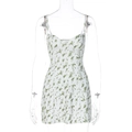 Detail of floral spaghetti strap mini dress with green flower print on white fabric - S / Green