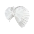 Detailed texture of white ribbed knit baby turban with large chiffon bow decoration - White