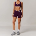 Women's dark purple sports set with white contrast trim and crossover high waist shorts - XL / Top And Bottom / Kyoho Purple (Bra + Shorts)