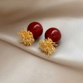 Elegantes pendientes de esmalte rojo tipo fuego artificial con baño de oro y cristales - Estilo de Flor de Perla Radial / Dorado Rojo