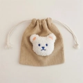 Khaki corduroy drawstring pouch with white plush bear mascot for storage and accessories - Apricot (White Bear)