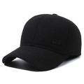Men's winter baseball cap in black wool with thick fleece lining and ear protection - Adjustable / Side Label Style / Black