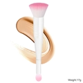 Dual-head makeup brush with flat and round pink bristles and foundation smear detail - White Handle White Ferrule