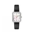 Women's square watch with mother-of-pearl dial and crystal-studded bezel on leather strap - Silver Case Black Leather