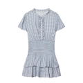 Kurzärmeliges hellblaues Karo-Minikleid mit Rüschenoberteil und gestuftem Rockteil - XS / Blau Karo