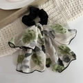 Floral bow hair scrunchie in green and grey silk fabric with elegant black edging - 19# Ink Green