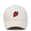 Close-up of strawberry embroidery on high-quality beige cotton twill baseball cap - Adjustable / Beige