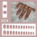 Uñas postizas francesas en rosa nude con purpurina plateada y forma cuadrada - W1666 Estilo Francés con Brillo Sutil (Tipo Pegamento)