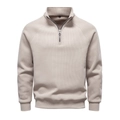Detail of oatmeal half-zip collar and ribbed texture on men's winter pullover sweatshirt - Apricot