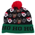 Detail view of knitted Christmas hat with LED lights switch and festive green HO HO HO text - HO HO HO Black Green