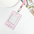 Ροζ θήκη κάρτας σε στυλ music player με κορδόνι για ταυτότητες και φωτογραφίες - Μακρύ Δερμάτινο Λουράκι / Ροζ