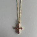 Vintage gold cross pendant necklace featuring deep red zircon stones on a fine O-chain - Pink Zirconia Cross