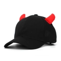 Fashionable black cotton baseball cap with distinctive red devil horn accents - One Size / Black Hat With Red Horns