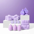 Purple makeup kit with sponge blenders, powder puffs, bow headband and wristbands - Purple 12-Piece Set