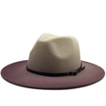 Two-tone beige and purple wide brim felt fedora hat with black leather belt buckle - 3-Buckle Thin Black Belt Decor / Purple/Beige Patchwork