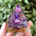 Orgone pyramid with amethyst stone, gold foil, and Om symbol in purple resin finish - Amethyst Ball 3D / Small