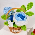 Handmade crochet basket with blue and white knitted roses and natural rattan base - Crochet Leaves + Gradient Blue Roses Basket