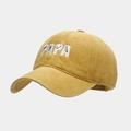 Close-up of mustard yellow baseball cap featuring white PAPA embroidery and fishing motifs - Adjustable / Yellow