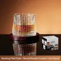 Rotating checkered whiskey glass with round wood coaster and premium gift box packaging - Checkered Pattern Style + Coaster