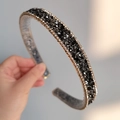 Sparkling rhinestone headband for women featuring black and clear crystals on a gold frame - Black