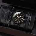 Men's black quartz watch with gold indices and three stylish matching bracelets - Black Strap Black Dial Rose Gold Hands Set (No Box)