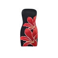 Detail showing red lily floral print on black bodycon strapless tube mini dress - Black