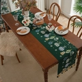 Green Christmas table runner with bells and tassels on a festive wooden dining table - 35x300cm / Green Background Ornament Balls (With Tassels)
