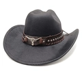 Detail of black cowboy hat featuring a leather band with metal studs and bull head emblem - M (56-58cm) / Striped Black