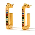 Golden stainless steel rectangle earrings with vibrant multi-color zircon stones - Gold Colorful Zirconia (KDE901)