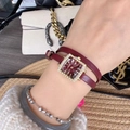 Square wine red leather watch with diamond bezel and double wrap strap on wrist - Square Double-Wrap Leather Strap