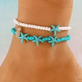 Double-layer beaded anklet with golden pineapple charm and turquoise starfish beads - Blue and White Beaded Pineapple Starfish Anklet Set (16蓝色A-74)