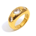 Minimalist wide gold-plated ring featuring three zircons with star engravings - US 6 / Gold White