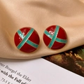 Vintage round earrings in red and blue enamel with gold trim on beige silk fabric - Silver Earring Post Striped Enamel Circle Earrings