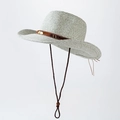 Light gray straw cowboy hat with brown leather band and adjustable wind rope - M / Gray