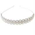 Silver thin bridal headband featuring double layered rhinestone floral wave design - Wave Mesh Rhinestone / I5207-Silver