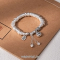 Vintage silver multi-layer bracelet with fortune cat charm and engraved coin pendant - L525 Lucky Cat