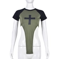 Detail of army green and black bodysuit T-shirt featuring a front cross print - S / Army Green