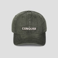 Detail of vintage washed green baseball cap with high-quality CONQUER 3D embroidery - M (56-58cm) / Green