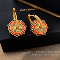 Golden mandala hoop earrings with colorful enamel floral pattern on black jewelry box - T2332 Style / Mandala Golden Drop