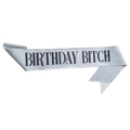 Silver glitter Birthday Bitch sash for parties with bold black lettering and shiny finish - Silver Birthday Bitch Sash
