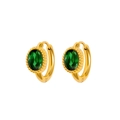 Close-up of gold geometric hoop earrings with oval green zircon and beaded edge details - Green Zirconia
