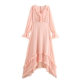 Vestido rosa de estilo francés con cuello en V, volantes en las mangas y dobladillo irregular - XS / Rosa