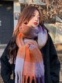 Chunky braided rainbow plaid scarf in orange, purple and beige with fringe details - Orange Purple Beige Splicing
