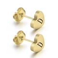 Minimalist gold heart stud earrings featuring a laser engraved letter D with butterfly back - Gold D