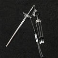 Silver sword hair stick with lotus tassel and crescent moon pendant for updo styling - Safety Buckle Lotus Tassel