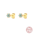 S925 sterling silver mini floral stud earrings with turquoise and diamonds on white background - Gold-Style 3-Turquoise Accented Zirconia