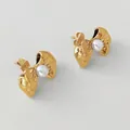 Golden fluid bow earrings with pearl center in minimalist stainless steel design - Gold Bow Earrings (D2880)