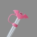 Pink bat-shaped silicone straw cover for dust protection on transparent straw - Bat Pink / 10mm